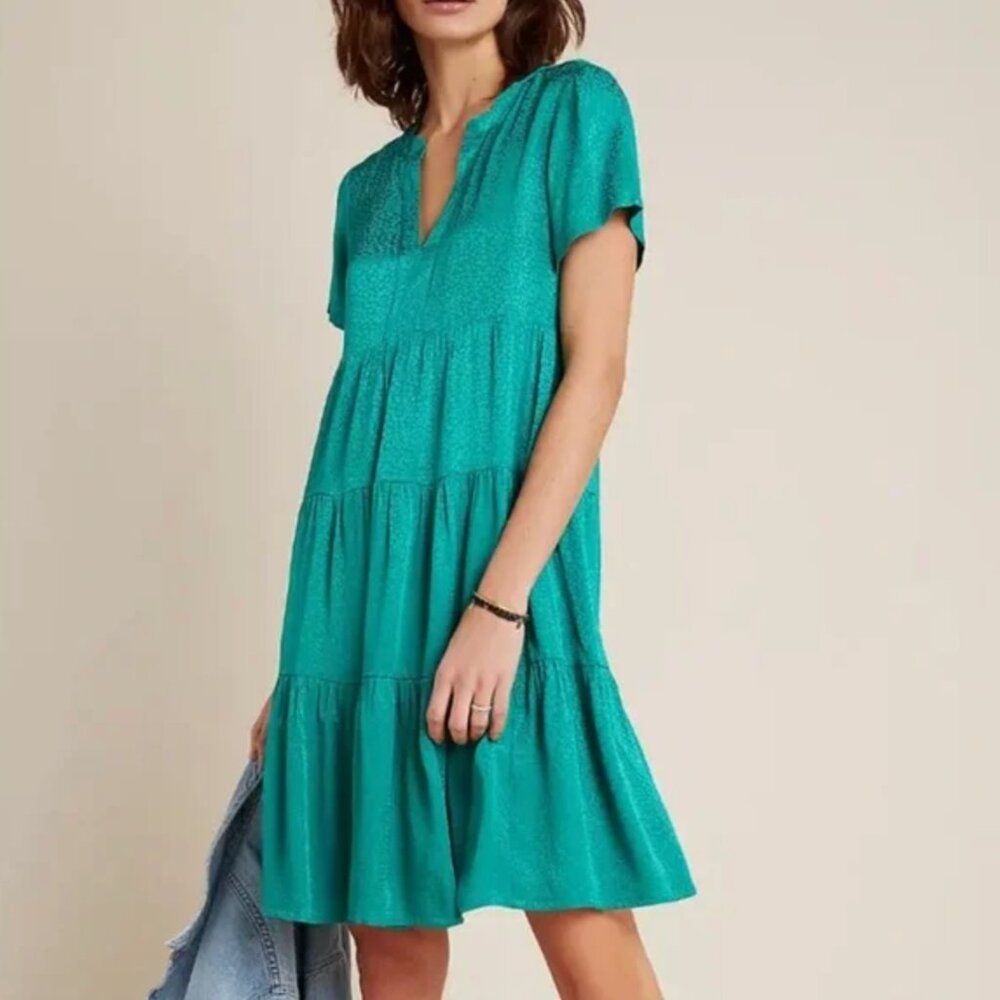 Anthropologie Maeve Sz S Tiered Dress‎ Tania Sacha Satin Jacquard Kelly Green